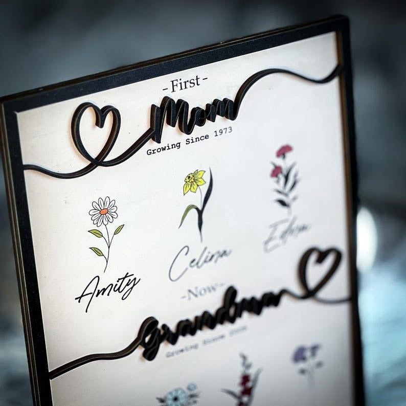 Nana Gift Personalized Flower Birth Month Garden Wooden Sign Frame, Mother Day Gift, First Mom Now Grandma Gift, Mom Gift, Mom Birthday Gift
