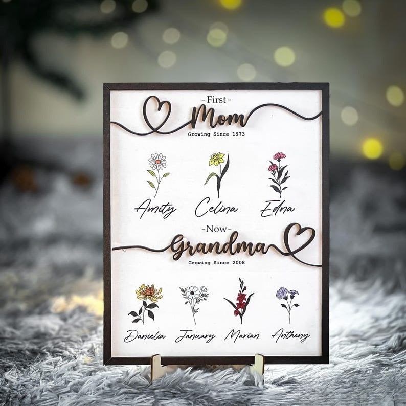 Nana Gift Personalized Flower Birth Month Garden Wooden Sign Frame, Mother Day Gift, First Mom Now Grandma Gift, Mom Gift, Mom Birthday Gift