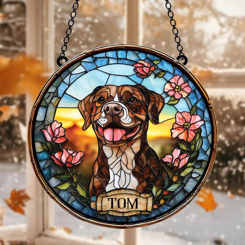 Custom Pet Portrait Stained Glass Suncatcher, Stained Glass Dog Memorial, Custom Dog Portrait from Photo, Pet Memorial Gift, Window hangings