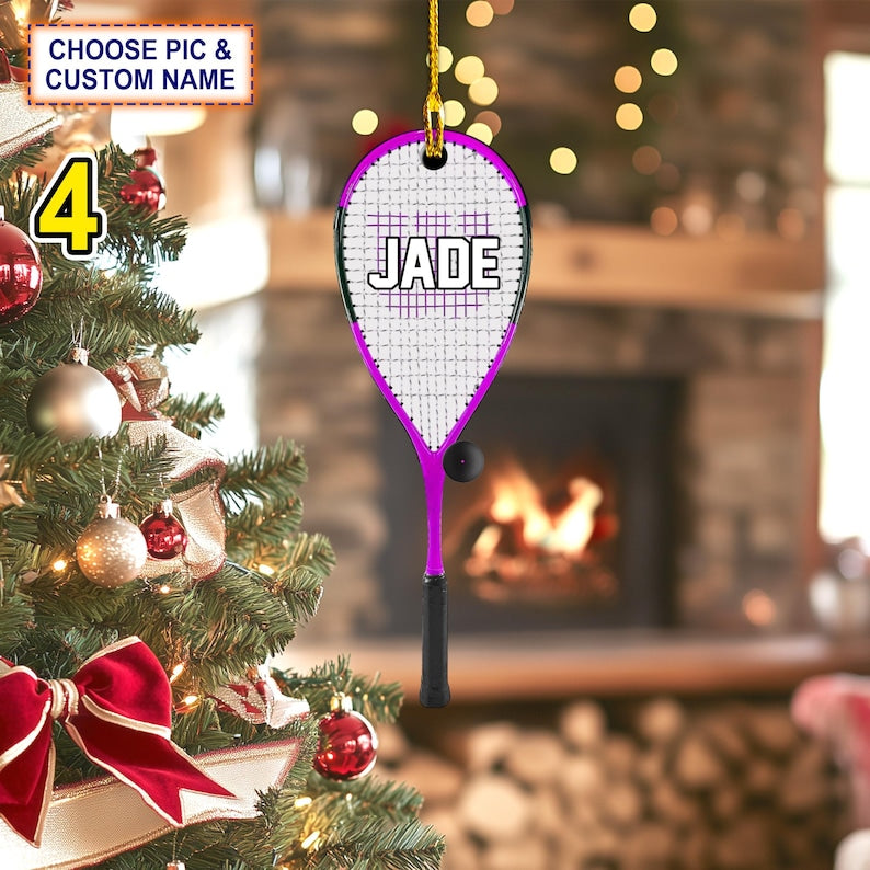 Custom Name Squash Racket and Ball Personalized Ornament, Christmas Tree Hanging Decor, Christmas Ornament, 2D Flat Ornament