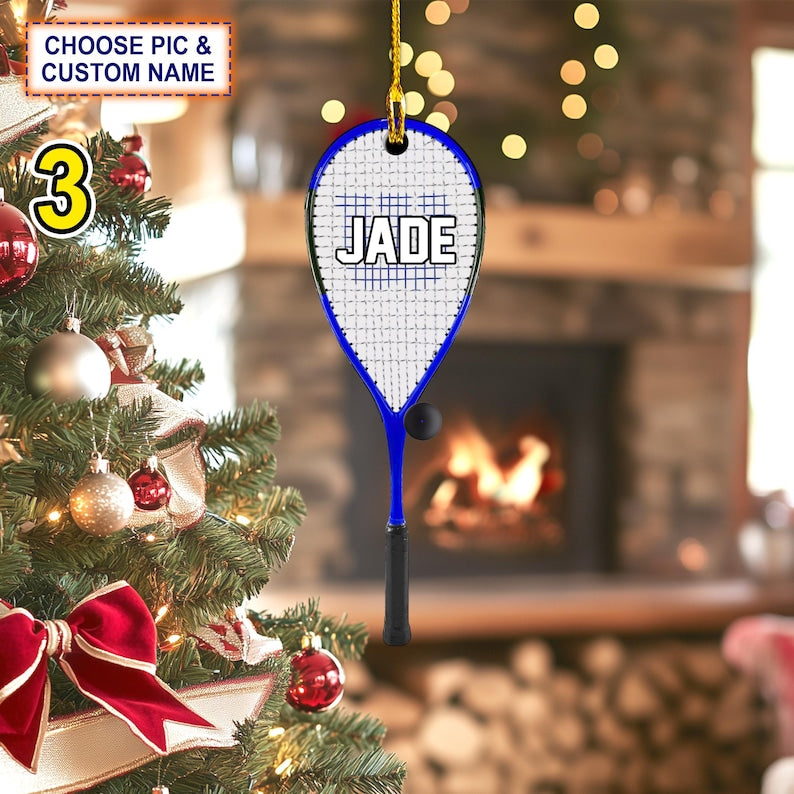 Custom Name Squash Racket and Ball Personalized Ornament, Christmas Tree Hanging Decor, Christmas Ornament, 2D Flat Ornament