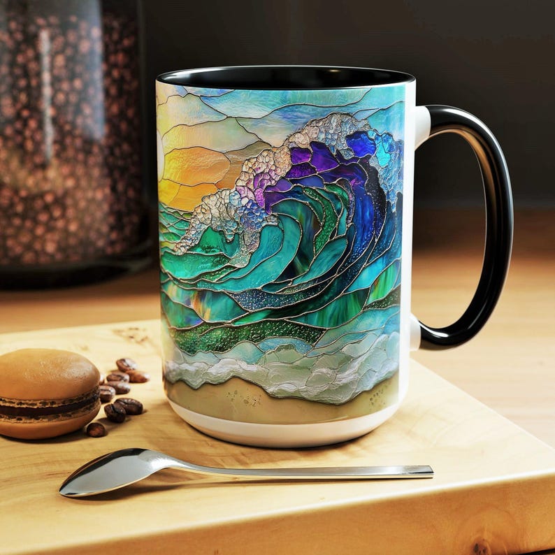 Ocean Wave Ceramic Mug Stained Glass Coastal Sunrise Art Beach Kitchen Coffee Drinkware