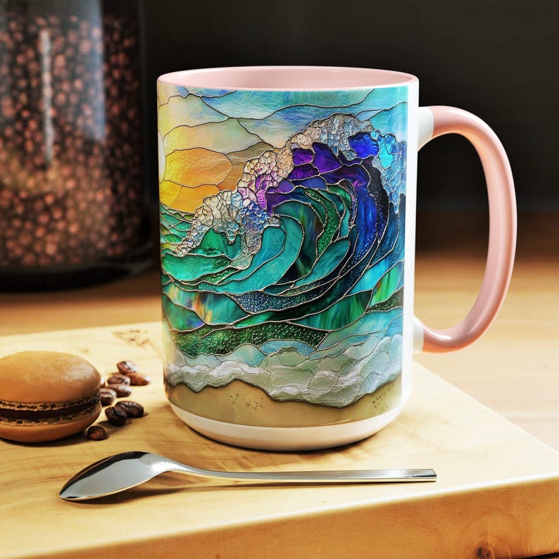 Ocean Wave Ceramic Mug Stained Glass Coastal Sunrise Art Beach Kitchen Coffee Drinkware