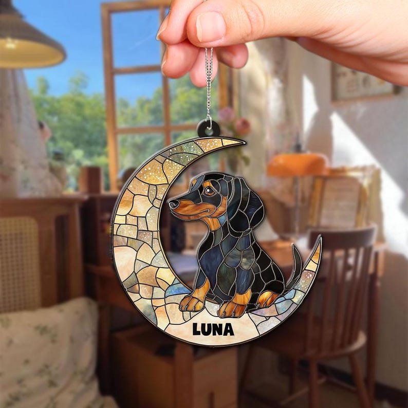 Dachshund On The Moon Ornament, Dog Lover Gifts, Dachshund Gifts, Personalized Dachshund, Pet Memorial Ornament, Dog Holiday Decoration