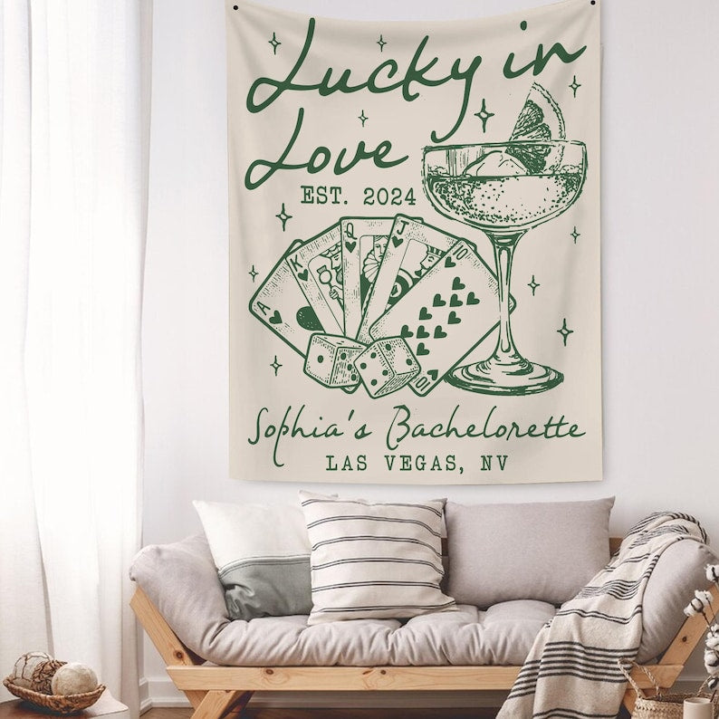 Bachelorette Party Decor, Custom Casino Theme Bachelorette Tapestry, Lucky In Love Banner, Valentine Bach Backdrop, Las Vegas Bach Party