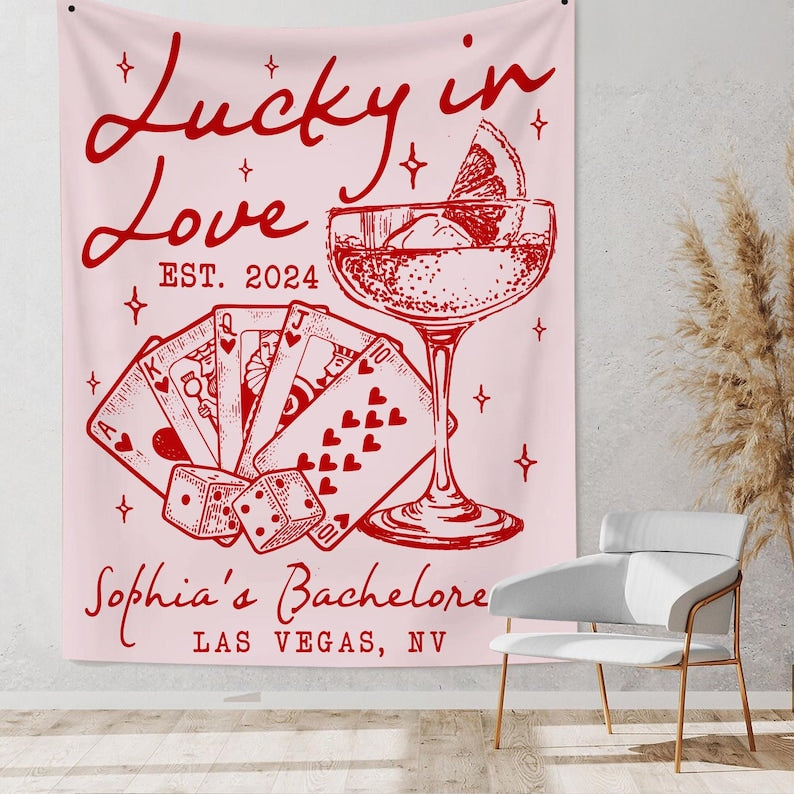 Bachelorette Party Decor, Custom Casino Theme Bachelorette Tapestry, Lucky In Love Banner, Valentine Bach Backdrop, Las Vegas Bach Party