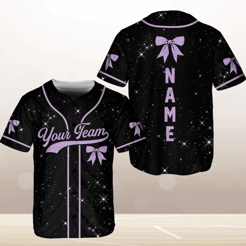 Personalized Team Name Number Bow Ribbon Baseball Jersey, Custom Cheer Baseball Jersey, Glitter Jersey (Printed Glitter, Not Glitter Fabric)