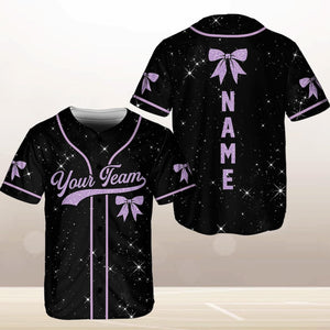 Personalized Team Name Number Bow Ribbon Baseball Jersey, Custom Cheer Baseball Jersey, Glitter Jersey (Printed Glitter, Not Glitter Fabric)