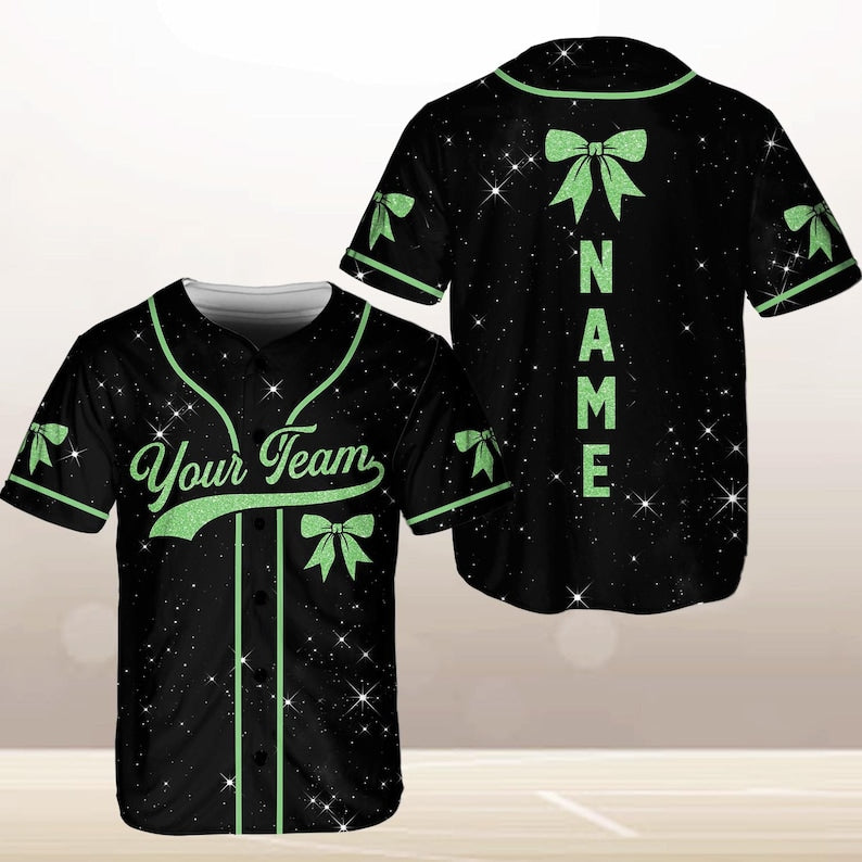 Personalized Team Name Number Bow Ribbon Baseball Jersey, Custom Cheer Baseball Jersey, Glitter Jersey (Printed Glitter, Not Glitter Fabric)