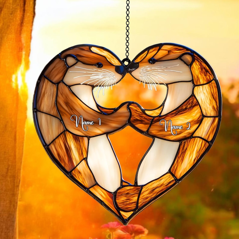 Personalized Otter Couple Acrylic Window Hanging, Faux Stained Glass Decor, Perfect Anniversary or Wedding Gift for Wife or Couple