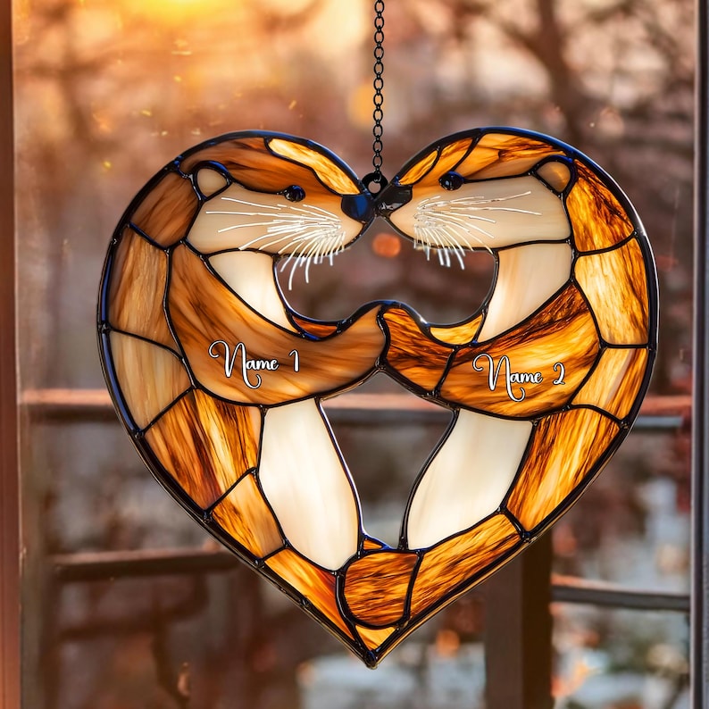 Personalized Otter Couple Acrylic Window Hanging, Faux Stained Glass Decor, Perfect Anniversary or Wedding Gift for Wife or Couple