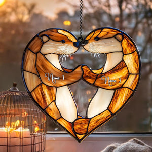 Personalized Otter Couple Acrylic Window Hanging, Faux Stained Glass Decor, Perfect Anniversary or Wedding Gift for Wife or Couple