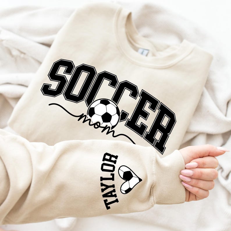 Personalize Soccer Mom Kids Name On Sleeve Sweatshirt, Mom Soccer Sweater, Soccer Mama Shirt, Gift for Soccer Mom, Fall Soccer Season Shirt