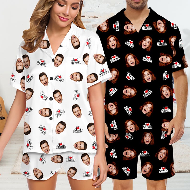 Personalized Face Pajamas,I love You Pajamas,Couple Short Pajamas,Gift for Him/Her,Custom Pajamas with Picture/Faces,Wedding/Valentines Gift