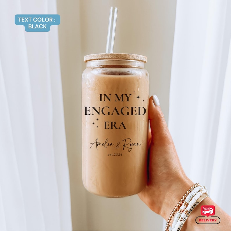 Personalized Engagement Gift Glass Tumbler, In My Wifey Era cup Gift for Bride, Glass Tumbler with straw and lid, Bridal shower in my Wife