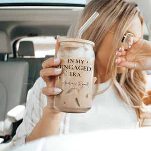 Personalized Engagement Gift Glass Tumbler, In My Wifey Era cup Gift for Bride, Glass Tumbler with straw and lid, Bridal shower in my Wife