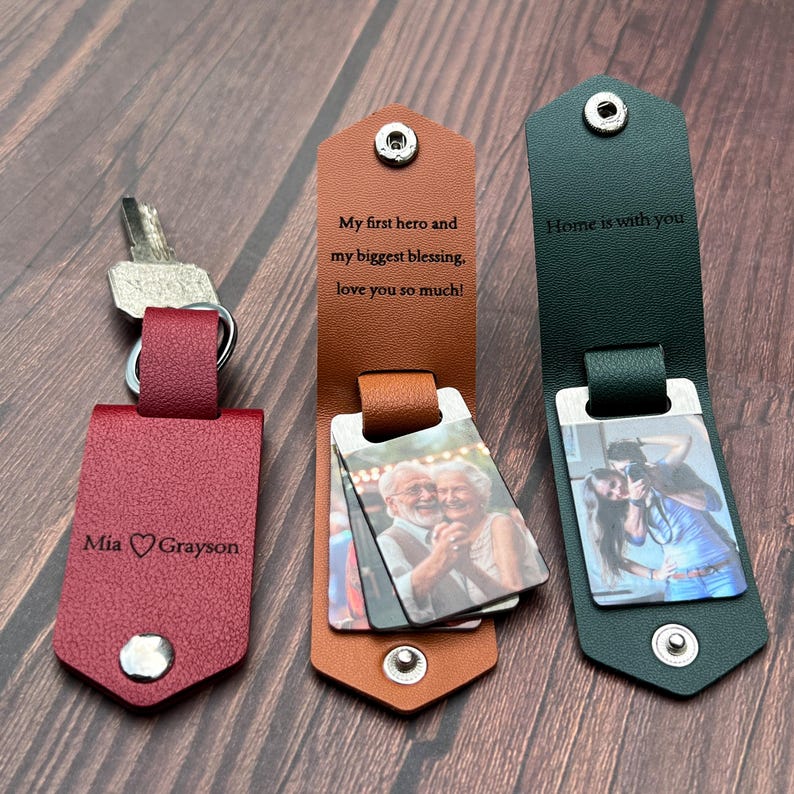 Personalized Mens Leather Keychain with Photo,Metal Tag Photo Keychain,Engraved key chain,Valentines Gifts for Him,Anniversary Gifts for Him