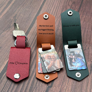 Personalized Mens Leather Keychain with Photo,Metal Tag Photo Keychain,Engraved key chain,Valentines Gifts for Him,Anniversary Gifts for Him