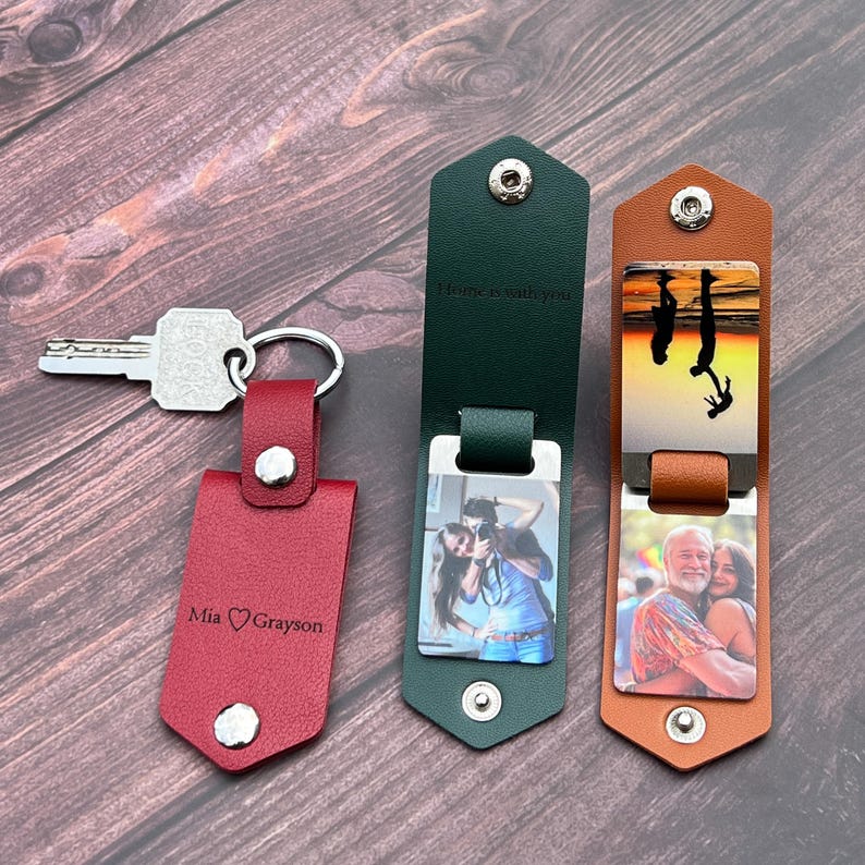 Personalized Mens Leather Keychain with Photo,Metal Tag Photo Keychain,Engraved key chain,Valentines Gifts for Him,Anniversary Gifts for Him