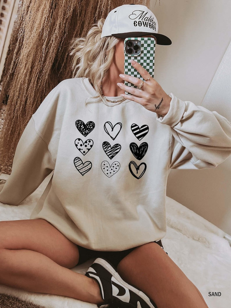 Womens Valentines Hearts Sweatshirt, Valentine's Day Shirt, Nine Hearts Valentine, Valentine Sweatshirt, Women's Valentines Day Sweatshirt