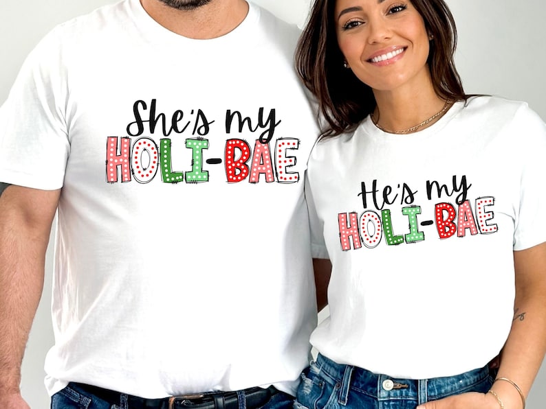 Cute Couples Matching Christmas Shirts, Bae His and Hers Tees Funny Holiday Couple Outfits Romantic Christmas Gift for Him Her Custom Tshirt