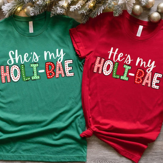 Cute Couples Matching Christmas Shirts, Bae His and Hers Tees Funny Holiday Couple Outfits Romantic Christmas Gift for Him Her Custom Tshirt