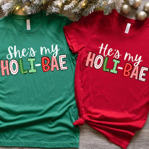 Cute Couples Matching Christmas Shirts, Bae His and Hers Tees Funny Holiday Couple Outfits Romantic Christmas Gift for Him Her Custom Tshirt