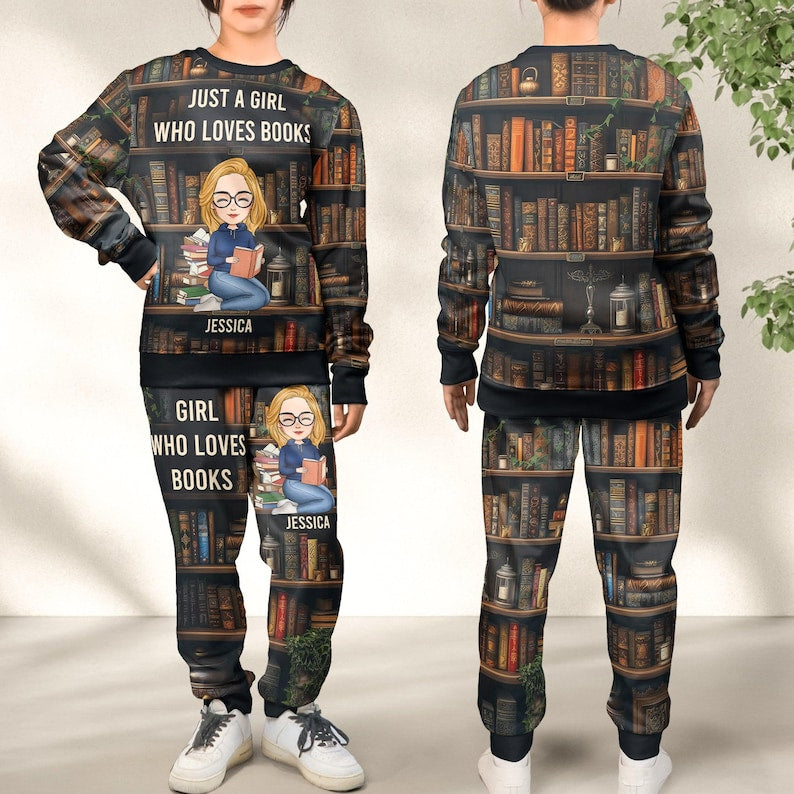 Book Lover Personalized Sweatshirt And Sweatpants Set, Just A Girl Who Loves Books Personalized Joggers, Book Lover Gift, Book Club Gifts