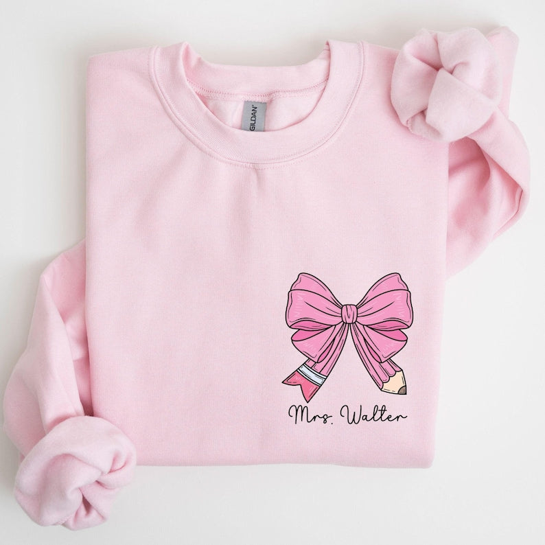 Custom Teacher Coquette Bow Sweatshirt, Custom Teacher Name Shirt, Teacher Appreciation Gift, Cute Teacher Christmas Shirt, Back To School
