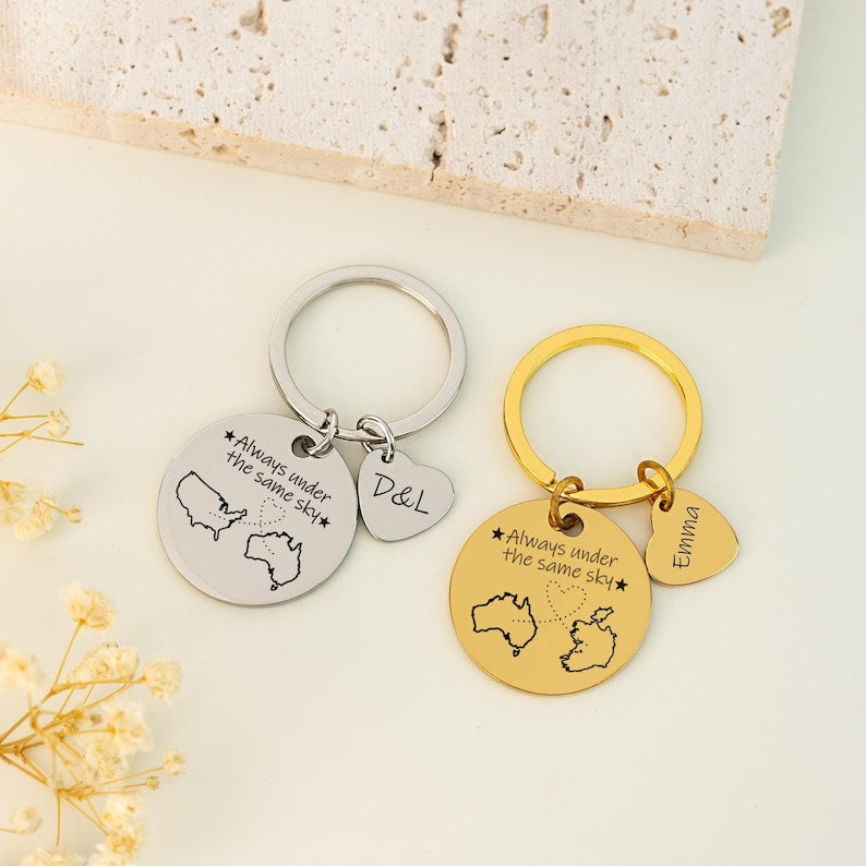 Custom Two Map Keychain,Always Under The Same Sky,Long Distance Relationship Gift,Going Away Gift,Couple Graduation Gift,Gift for Friend