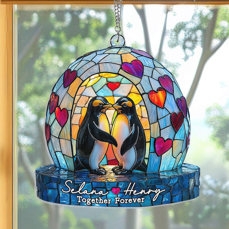 Personalized Couple Penguin Suncatcher Hanging Sign, Penguins In Love, Couples Suncatcher, Couple Gift, Anniversary Gift, Home Bedroom Decor