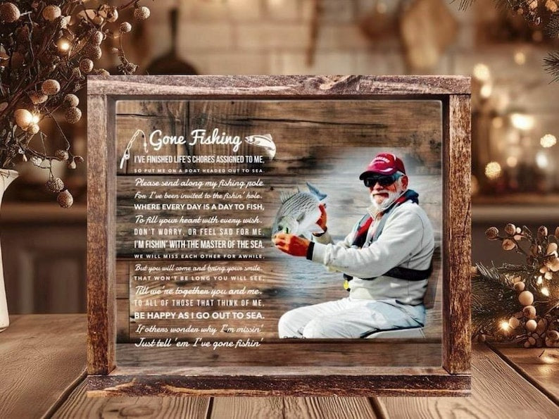 Gone Fishing Poem Memorial Photo Frame: Personalized Fisherman Memory Gift