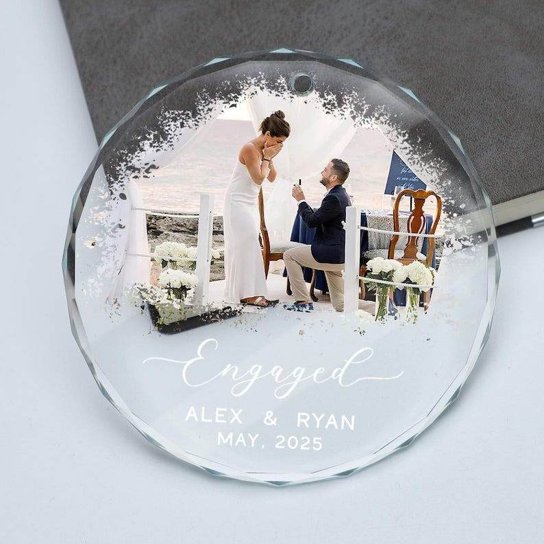 Engagement GLASS Ornament,Married Ornament,Personalization Marriage Proposal Gift,Our First Christmas Engaged Photo Ornament,Gift For Couple