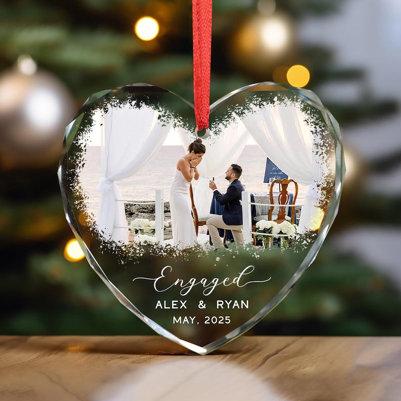 Engagement GLASS Ornament,Married Ornament,Personalization Marriage Proposal Gift,Our First Christmas Engaged Photo Ornament,Gift For Couple