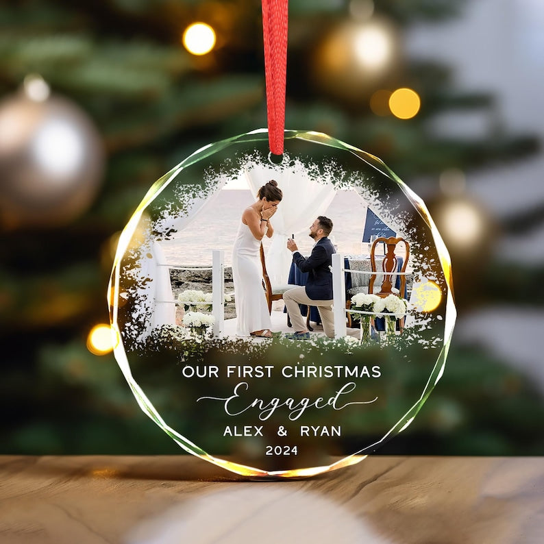 Engagement GLASS Ornament,Married Ornament,Personalization Marriage Proposal Gift,Our First Christmas Engaged Photo Ornament,Gift For Couple