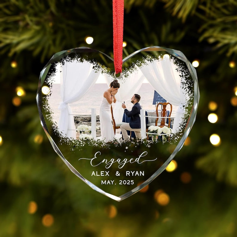 Engagement GLASS Ornament,Married Ornament,Personalization Marriage Proposal Gift,Our First Christmas Engaged Photo Ornament,Gift For Couple