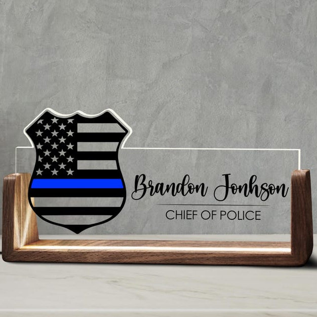 Custom Police Officer Desk Name Plate Personalized Law Enforcement Logo LED Light Wooden Base Thin Blue Line Office Wood Acrylic Decor Gift