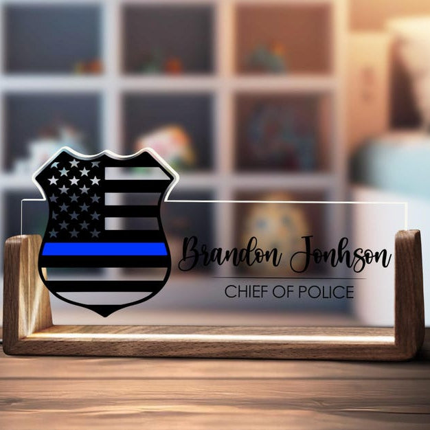 Custom Police Officer Desk Name Plate Personalized Law Enforcement Logo LED Light Wooden Base Thin Blue Line Office Wood Acrylic Decor Gift