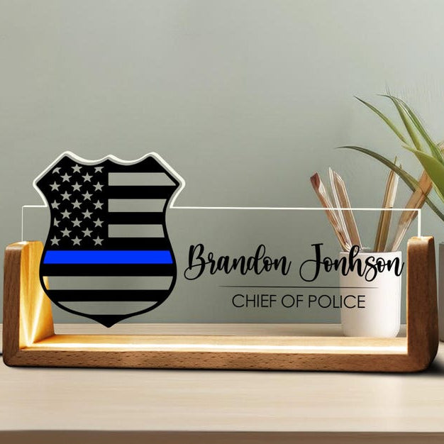 Custom Police Officer Desk Name Plate Personalized Law Enforcement Logo LED Light Wooden Base Thin Blue Line Office Wood Acrylic Decor Gift