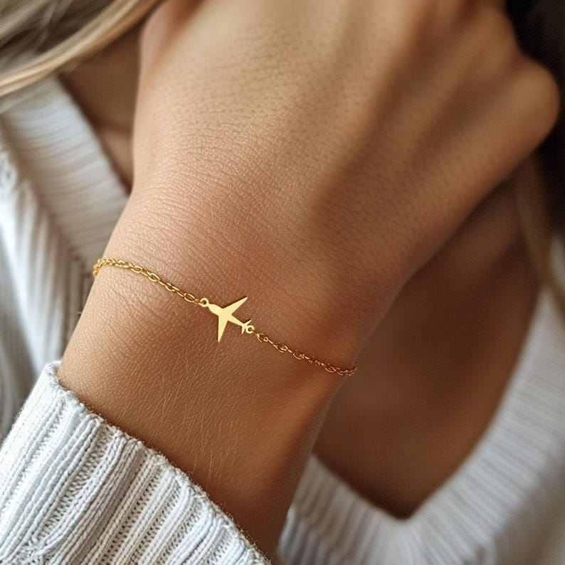 24k Gold Filled Airplane Bracelet: Custom Travel Jewelry Gift