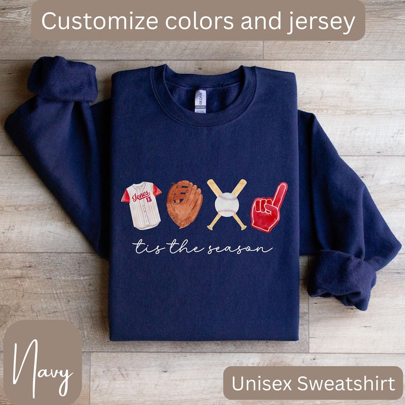 Customized Baseball Sweatshirt, Baseball Tis the Season, Baseball Gifts, Cute Baseball Mom Shirt, Baseball Jersey Number Shirt, Baseball Mom