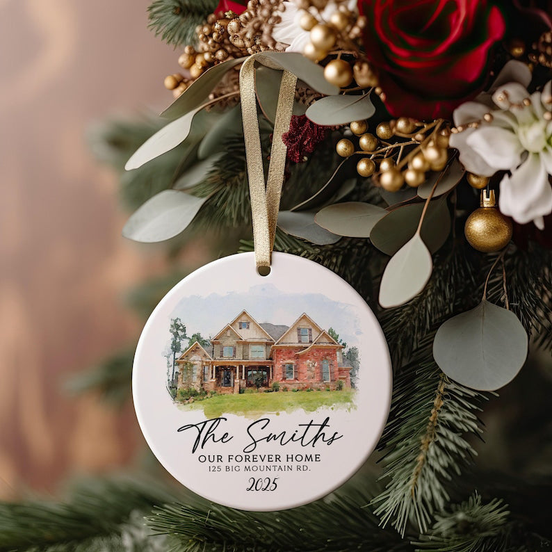 Our First Home Ornament, Custom Watercolor House Christmas Ornament,Personalized Christmas Ornament Gift, Housewarming, New Home