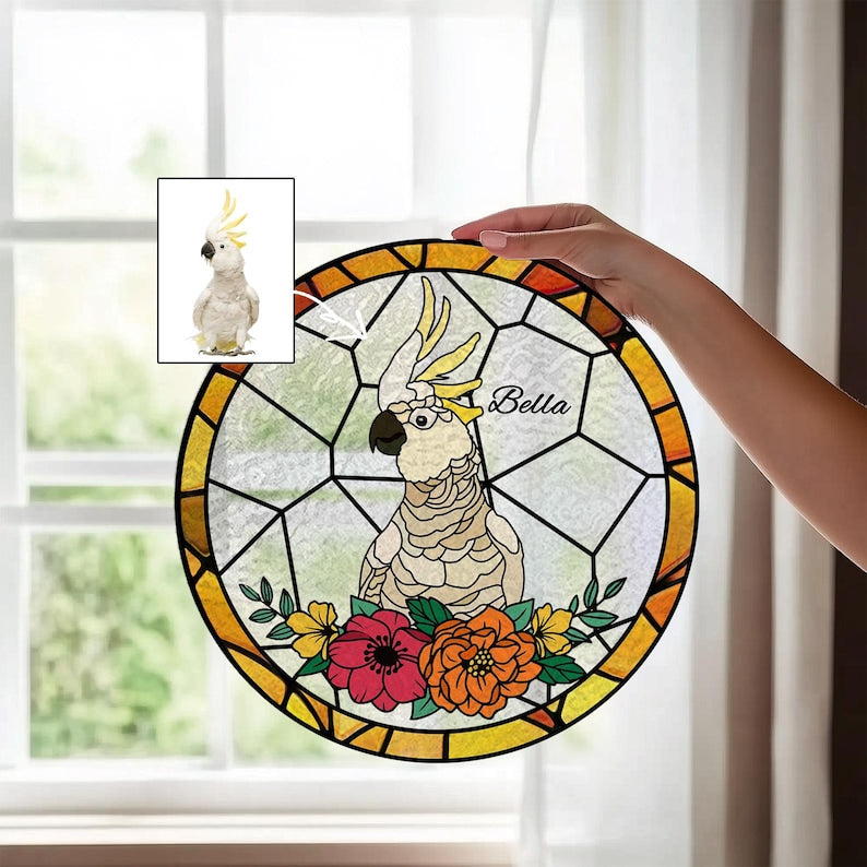 Custom Parrot Portrait Stained Glass Suncatcher, Parrot Portrait Suncatcher, Bird Window Hangings, Bird Memorial Gifts, Parrot Lover Gifts