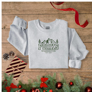Forks Washington Embroidered Crewneck Sweatshirt, Twilight Inspired Pacific Northwest Apparel PNW Souvenir Traveling Sweater National Parks il_794xN.6534098380_p9gd.jpg