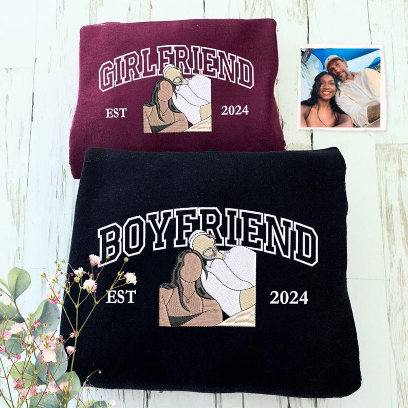 Embroidered Couple Photo Hoodie | Personalized His And Her Sweatshirt | 2nd Anniversary Gift For Couples | Boyfriend Gifts