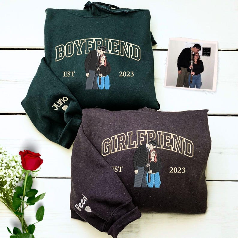 Embroidered Couple Photo Hoodie | Personalized His And Her Sweatshirt | 2nd Anniversary Gift For Couples | Boyfriend Gifts