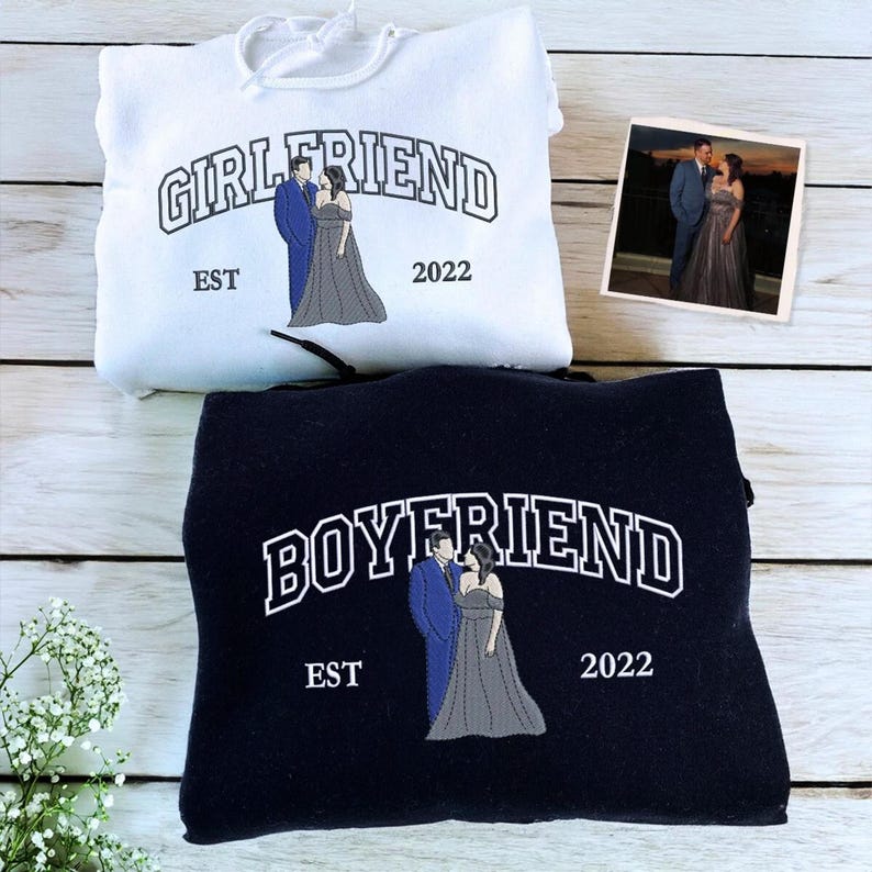 Embroidered Couple Photo Hoodie | Personalized His And Her Sweatshirt | 2nd Anniversary Gift For Couples | Boyfriend Gifts