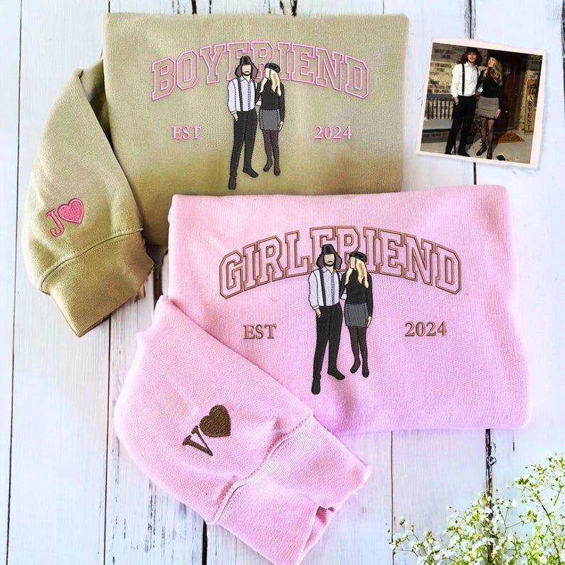 Embroidered Couple Photo Hoodie | Personalized His And Her Sweatshirt | 2nd Anniversary Gift For Couples | Boyfriend Gifts