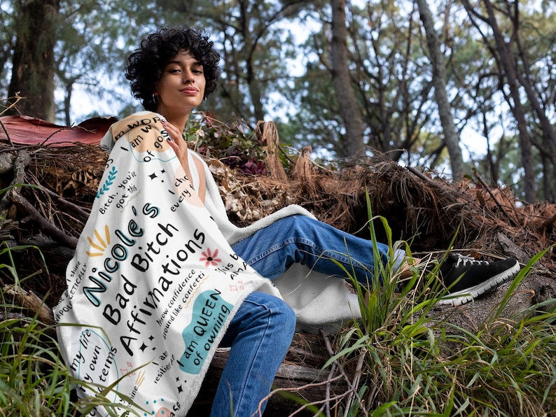 Personalized Bad Bitch Affirmations Hooded Blanket, Custom Sherpa Fleece Throw, Inspirational Positive Quote Snuggle Wrap, Empowering Adult