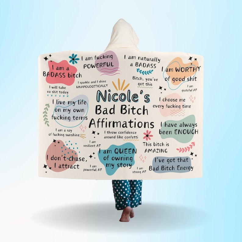 Personalized Bad Bitch Affirmations Hooded Blanket, Custom Sherpa Fleece Throw, Inspirational Positive Quote Snuggle Wrap, Empowering Adult